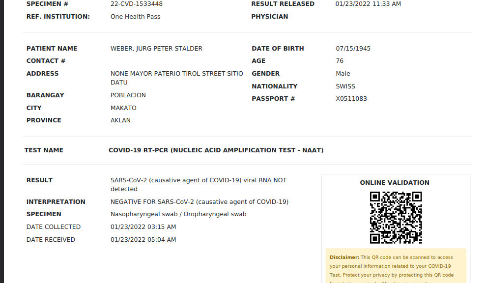 RT-PCR Test-Resultat für die Gesundheitsbehörde Aklan