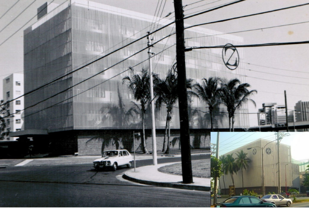 Das Zuellig Building in den 1960er Jahren mit Insert neues Erscheinungsbild